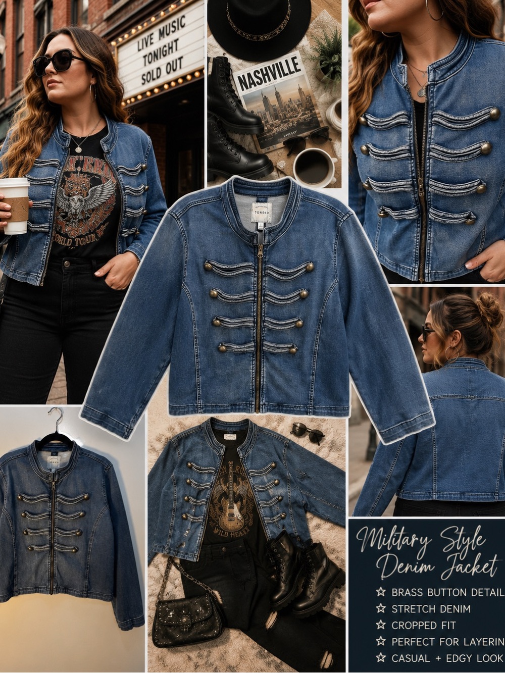 Torrid Military Denim Jacket Size 1X Blue Zip Front Stretch Cropped Band Jacket